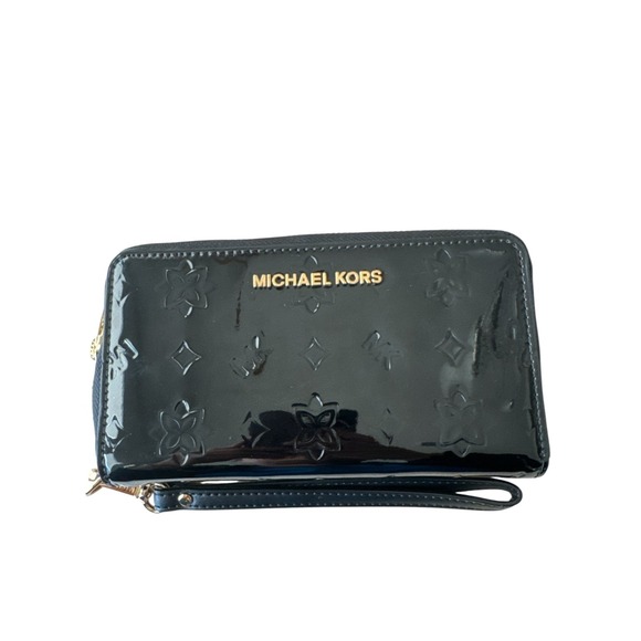 Michael Kors Logo Jet Set Travel Patent Floral Wristlet Wallet Black